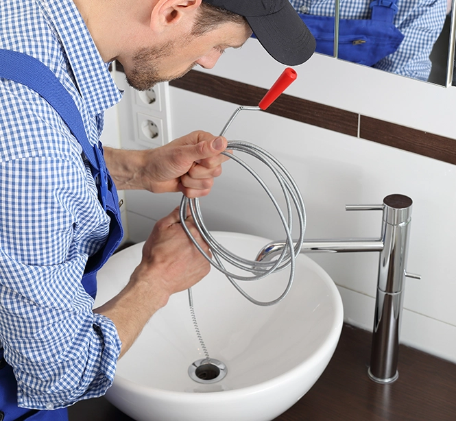 Klempner mit Rohrreinigungsspirale zum Abfluss Reinigen